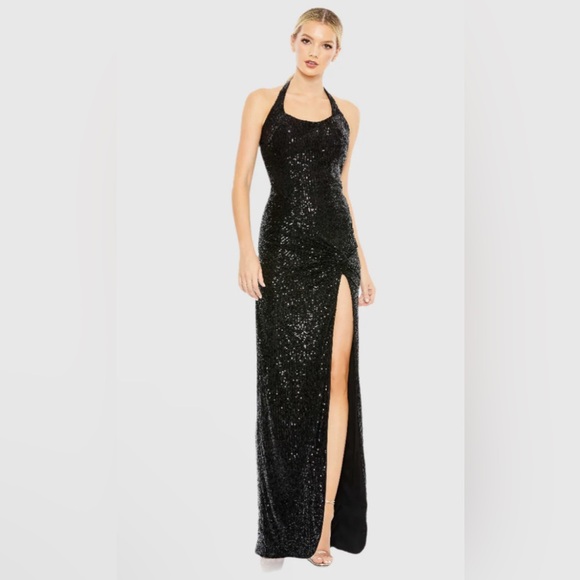 Mac Duggal Dresses & Skirts - Mac Duggal Black Sequin Halter Neck Evening Gown with Slit